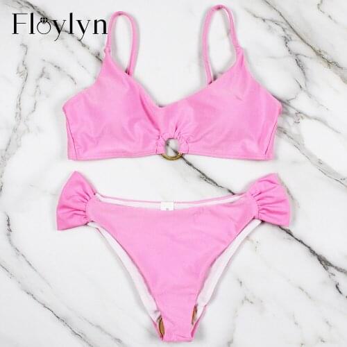 Wholesale Sexy Bandeau Bikini Bandage Swimwear Women Solid Swimwear Bathing Suits Rings Bikini Set Hollow Out Biquini Swimwear