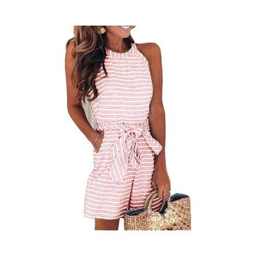 Casual Slim-fit Lace-up Sexy Striped Round Neck Jumpsuit Womens Short-sleeved Pockets With Belt Plus Size 5XL Jumpsuit Summer