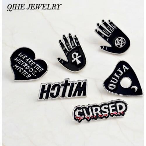 QIHE JEWELRY Pins and brooches "Witch,cursed,ouija,we are the weirdos,mister" black pin set Goth pin Goth Punk jewelry