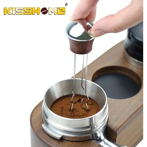 58MM/53mm/51MM Wood Handle Needle Coffee Tamper Distributor Leveler Tool Needle Type Coffee Powder Distributor Barista Gift