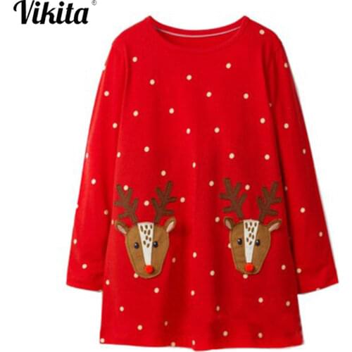 VIKITA Kids Baby Girls Christmas New Year Dress Deer Elk Embroidery Long Sleeve Knee-Length A-Line Dress Children Cotton Dresses
