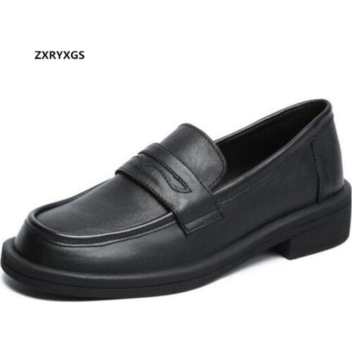 2021 New British Style Spring Top Cowhide Black Leather Shoes Woman Flats Comfortable Elegance Fashion Casual Shoes Trendy Shoes
