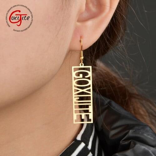 Goxijite Personalized Vertical Name Square Earring For Women Custom Letter Nameplate Punk Earring Stainless Steel Jewellry Gift