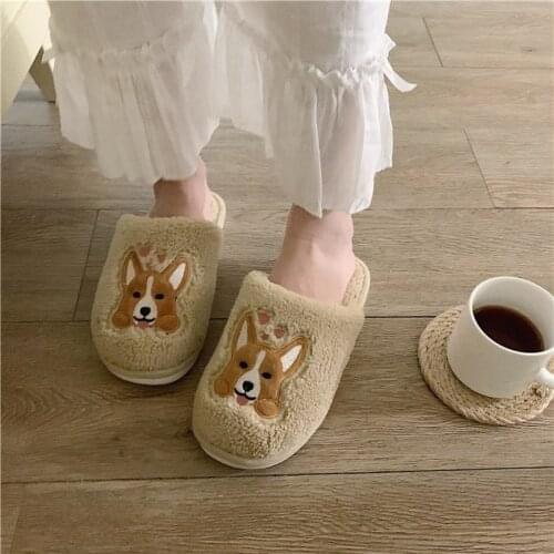Cartoon Animal Corgi Dog Womens Furry Slippers Winter Home Floor Flat Shoes Ladies Soft Plush Comfortable Warm House Flip Flops