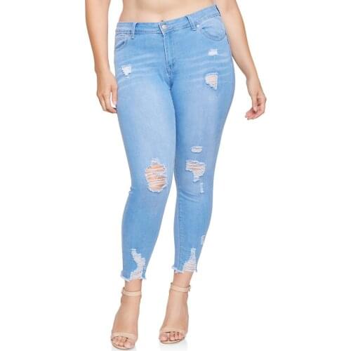 Skinny Big Size Woman Tight Push Up Ripped Jeans Stretch Elastic Hole Ripped Denim Pants Female Plus Size