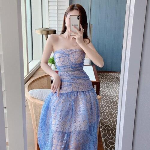 2021 New Arrival Runway Summer Dress Blue Lace Sequins Embroidery Sexy Backless Strapless Party Dress Vestidos