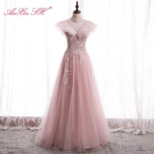 AnXin SH princess rose pink lace evening dress vintage party o neck beading crystal sparkly ruffles bride a line evening dress