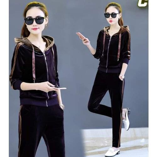 Gold Velvet Sports Suit Female Autumn And Winter Plus Velvet Thickening New Long-Sleeved Hooded Casual Wear Two-Piece Women L74