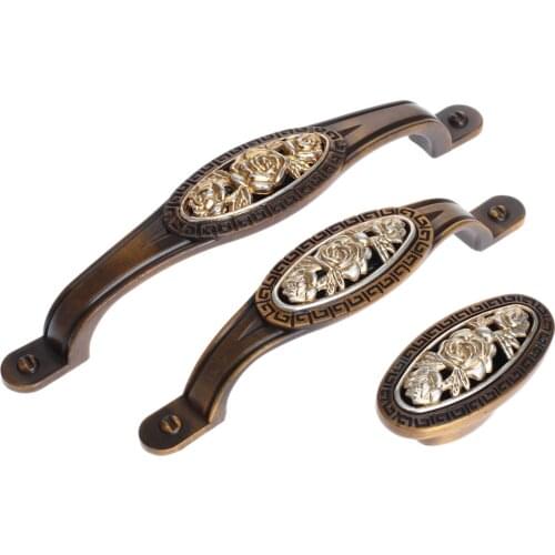 1pc Vintage Alloy Door Handles Rose Flower Brown Cabinet Drawer Wardrobe Closet Pull Furniture Knobs Single Hole/96mm/128mm