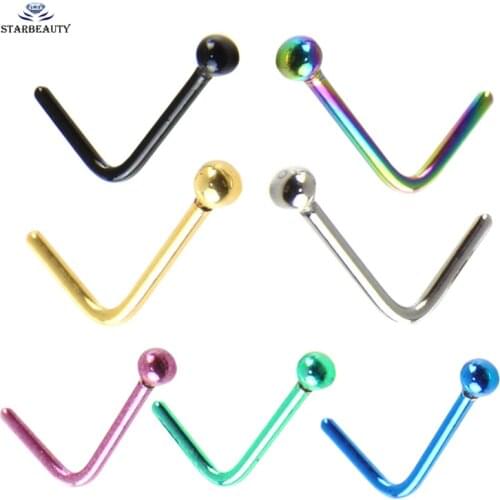 2 Pieces L Shaped Nose Rings Fake Nose Stud Ring Solid Black Nose Piercing Pin Hook Piercings Body Jewelry 0.8x8mm Ball End M758