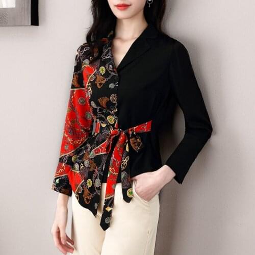 Womens Spring Autumn Style Blouses Shirts Womens Long Sleeve Patchwork Lace Up Printed V-neck Elegant Tops SP661