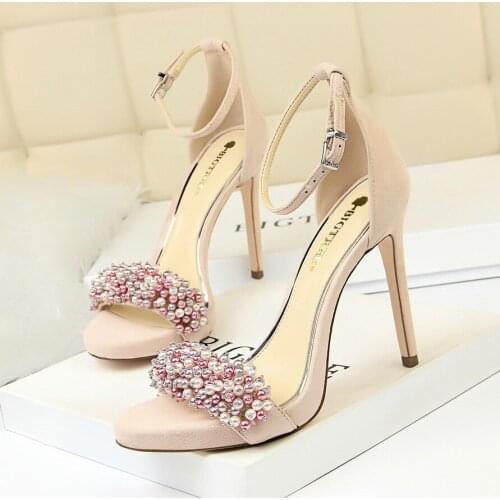 Koovan Womens High Heel Sandals Sexy Banquet Womens Shoes Super High Heel Waterproof Platform Suede Pearl Rhinestone Sandals