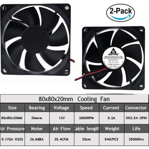 Gdstime 2pcs DC Cooler Sleeve Bearing Fan 12V 24V 80mm 8020 Two Wire 2Pin For Computer Cases And CPU Coolers