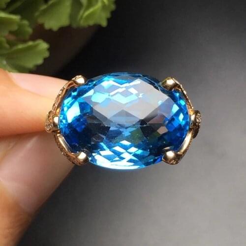 Fine Jewelry Customize Size Real 18K Rose Gold AU750 Jewellery 100% Natural Blue Topaz Gemstone Female Rings for Women Fine Ring