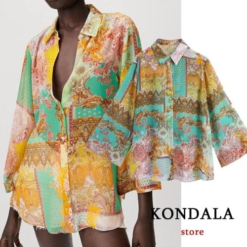 KONDALA Women Chiffon Chic Floral Print Oversized Shirts Za 2021 Indie Folk Fashion Blouses Summer Vintage Wide Mujer Tops