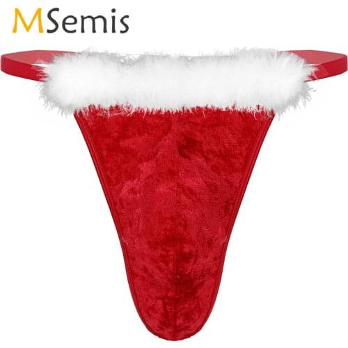 Red Mens Lingerie Feather Trimming Velvet Panties Bulge Pouch G-string Christmas Briefs Low Waist Sexy T-back Thongs Underwear