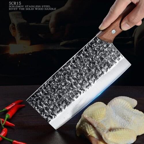 Chinese Style Hammer Patterned Kitchen Knife 5cr15 Stainless Steel Forging Grain Household Cooking Knife Wooden Handle Slicer