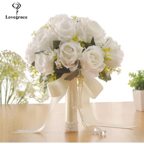 Lovegrace Bouquet Bride Wedding Flower Bridesmaid Artificial Silk Rose Flower Bouquet White Fake Pearl Party Prom Wedding Supply