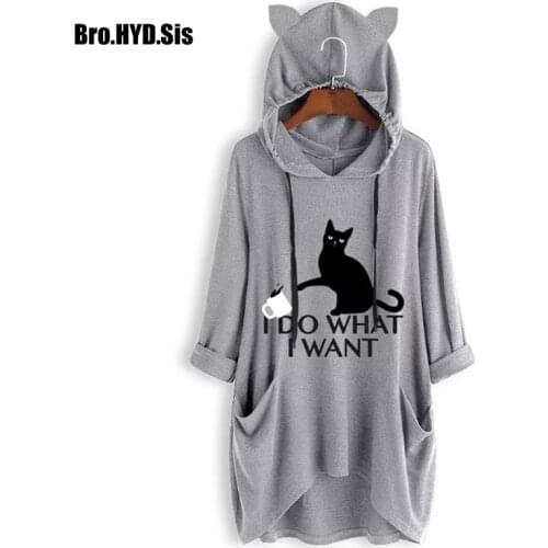 Cute Cat Print Women Sweatshirts 2020 New Ladies Long Hoodies Casual Hooded Pullovers Polyester Pajamas Spring Autumn Girls Tops