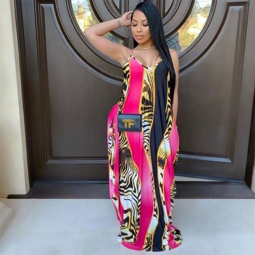 Fashion Summer Women Dress Suspender Long Skirt Striped Pocket Loose Dress Floor-Length dress Donsignet