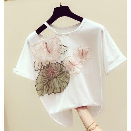 Fashion embroidery women t-shirts 2020 summer new o-neck short-sleeved solid female pulls tops tees top quality