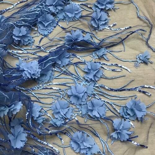 Nigerian 3d lace fabric sequins embroidery with chiffon floral decoration for African luxury wedding dress