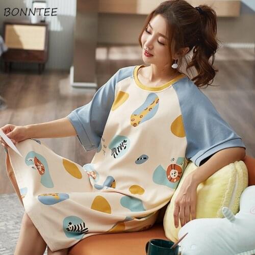 Nightgowns Women Summer Printed Loose Korean Fashion Leisure Sweet Female Sleepwear Sleepshirts Elegant Night Wear Lady Clothing