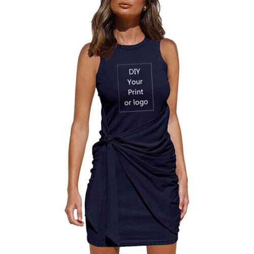 New 2021 DIY Your like Photo or Logo Women popular sleeveless round neck pleated BOW BELT irregular dress