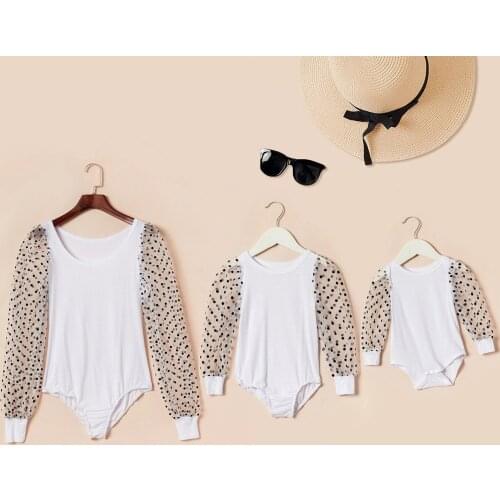Spring and autumn new products Round neck mesh tight-fitting puff sleeves stitching one-piece tops parent-child
