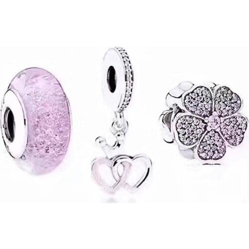 NEW 100% 925 Sterling Silver Pink Love Daisy Charm Glazed Glass Beads Heart-shaped Charm Set Succinct Mystery Jewelry Gift