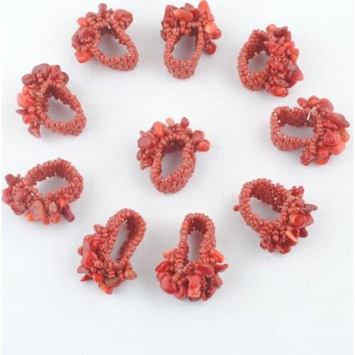 Wholesale 10Pcs Handmade Elastic Stone GEM Bead Red Sea Coral Finger Ring Stretch Size US 6~9 Jewelry TJ3031
