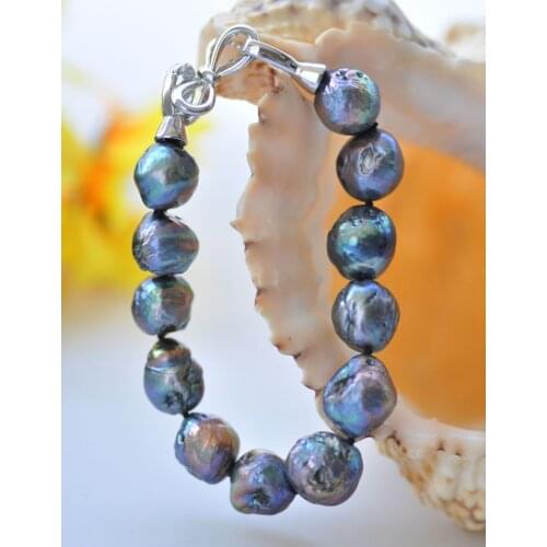 P7222 8" 14mm Peacock-Black Almost-Round Edison Keshi Pearl Bracelet