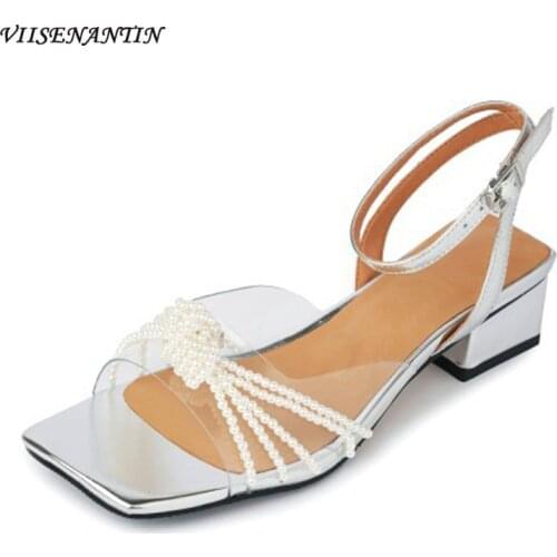 Transparent Square Toe Pearl Sandals Women Summer New Style Fashion Thick-heeled Leather Insoles Womens Fashion Sandals