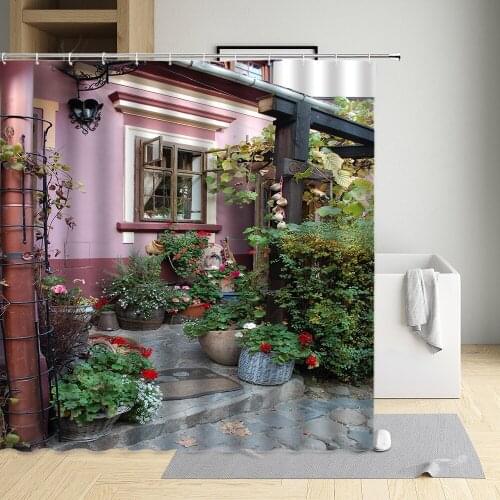 Retro Door Shower Curtains Old Window Flower Scenery Background Wall Home Bathroom Decorative Curtain Washable Fabric With hooks