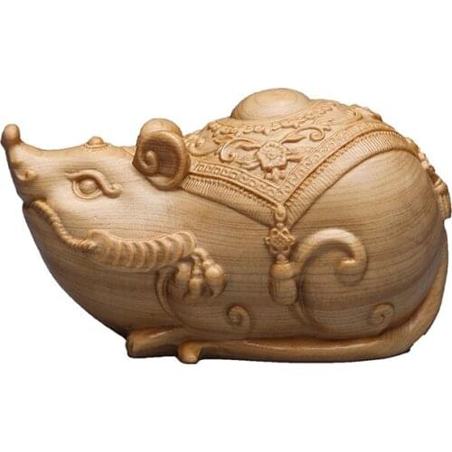 Carved Wood Decor Handmade Wooden Crafts Home Decoration Chinese Boxwood Mouse Animal Statue Sculptures Feng Shui Ornaments