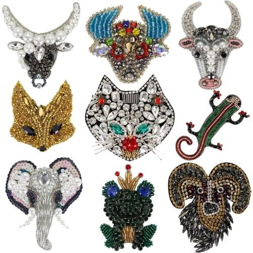 Handmade Rhinestone Animal Ox Goat Sheep Beaded Patches Sew on Crystal Applique Tiger Elephant Gecko Frog Badge Accessories 2pc