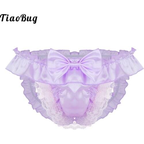 TiaoBug Sexy Mens Sissy Briefs Lingerie Soft Satin Crotchless Low Rise Bikini Lace Underwear With Bowknot