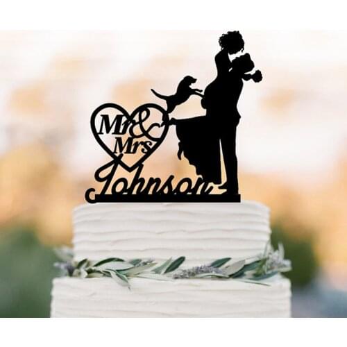 Dog Personalized Wedding Cake topper, groom lifting bride and mr and mrs in heart funny cake topper, acrylic Silver cake topper