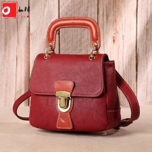 Vintage Leather Top Handle Bag for Women Luxury Vegetable Tanned Leather Female Lock Shoulder Bag Ladies Retro Crossbody Handbag