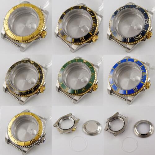 High quality 40mm Watch Case Parts FIT NH35 NH35A Automatic Movement Golden Bezel sapphire glass brushed case magnifier