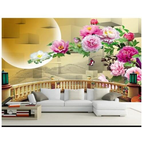 High-end custom 3d wallpaper murals wall Peony Flower wallpaper Full Moon Chinese Classical TV Background wall papers decoration