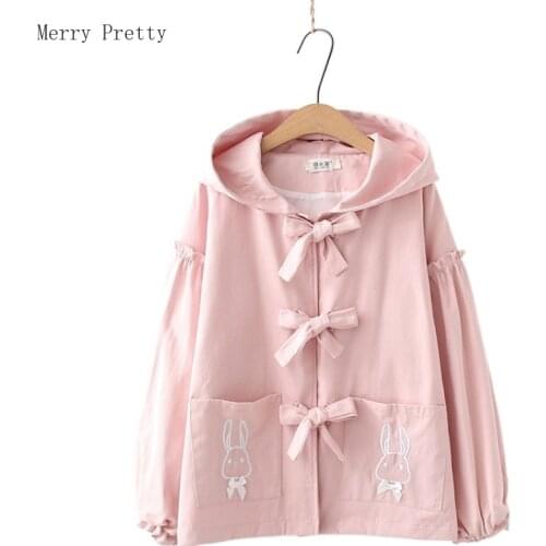 Pink Harakuju Cartoon Rabbit Embroidery Hooded Women Jacket 2021 Summer Zipper Long Sleeve Kawaii Cute Ladies Lace Up Outwears