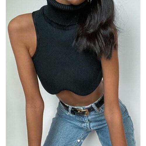 OMSJ Women Trendy Casual Inner Mini Vest Black Edible Tree Fungus High Neck Sleeveless Rib Slim Pullover Simple Ladies Tank Tops