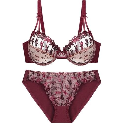 Wine Red Ultra Thin Transparent Bra Set Hollowed Out Embroidery Flora Sexy Lingerie Set Plus Size Women Deep V See Through