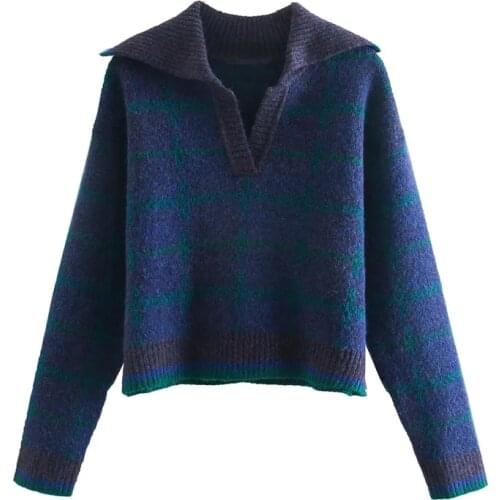 Za Women New Check Printing Vintage Knit Polo Collar Sweater Long Sleeves Polo-style Female Casual Knitted Pullover Chic Tops