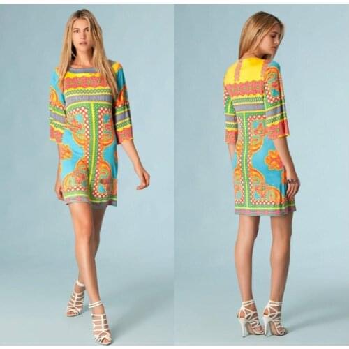 Womens new geometric print half sleeve stretch knitting silk jersey slim dress