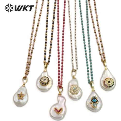 WT-MN952 Natural Freshwater Pearl&CZ Pave Necklace Irregular Shape pearl With Heart& Evil Eye&Crescent& Hamas Charm Necklace