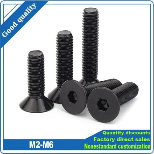 1/100ps Black 304 Stainless Steel Hexagon Hex Socket Flat Countersunk Allen Head Screw Bolt M2 M2.5 M3 M4 M5 M6 M8 L= 3-100mm