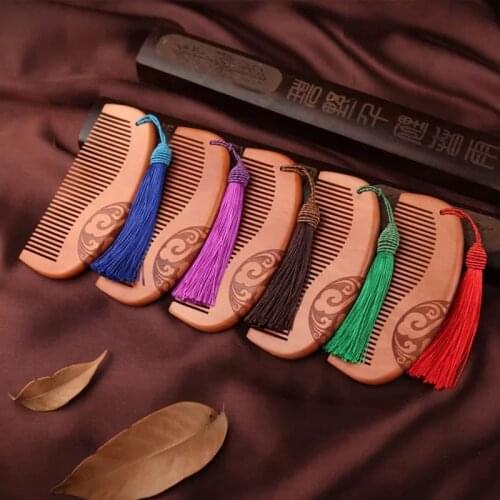 1 pcs chinese style nature peach wooden comb anti-static with tassel decoration