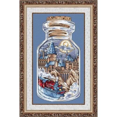 18CT dark blue Lovely Counted Cross Stitch Kit City Train in a Bottle Jar Industrial Age Vintage Chic Bottles Jars Memory